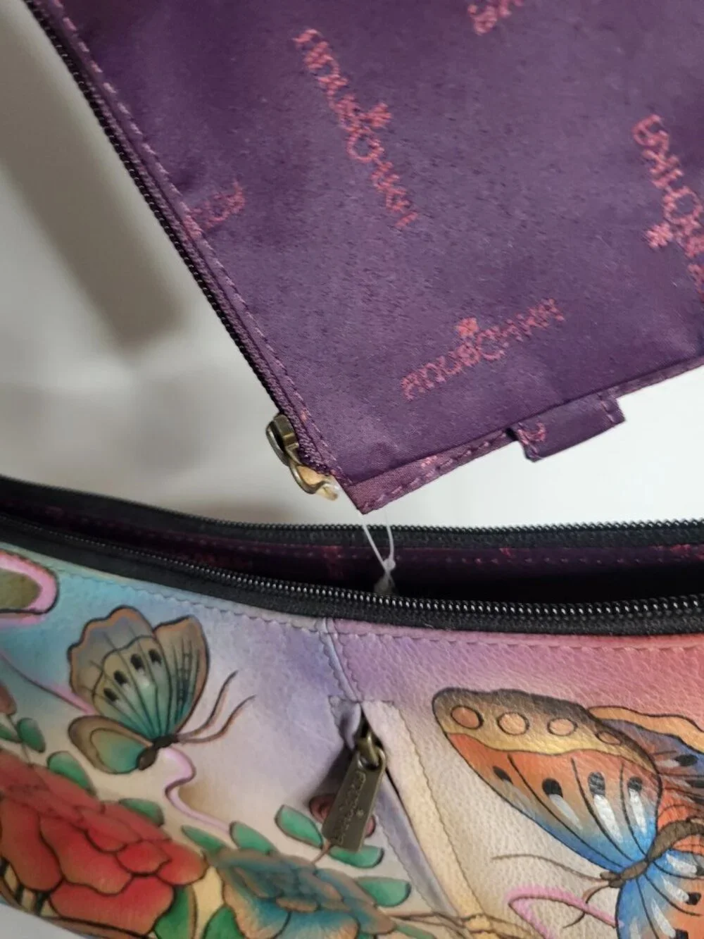 ANUSCHKA Painted Genuine Leather Hobo Shoulder Bag Tan Flowers Butterflies Purse